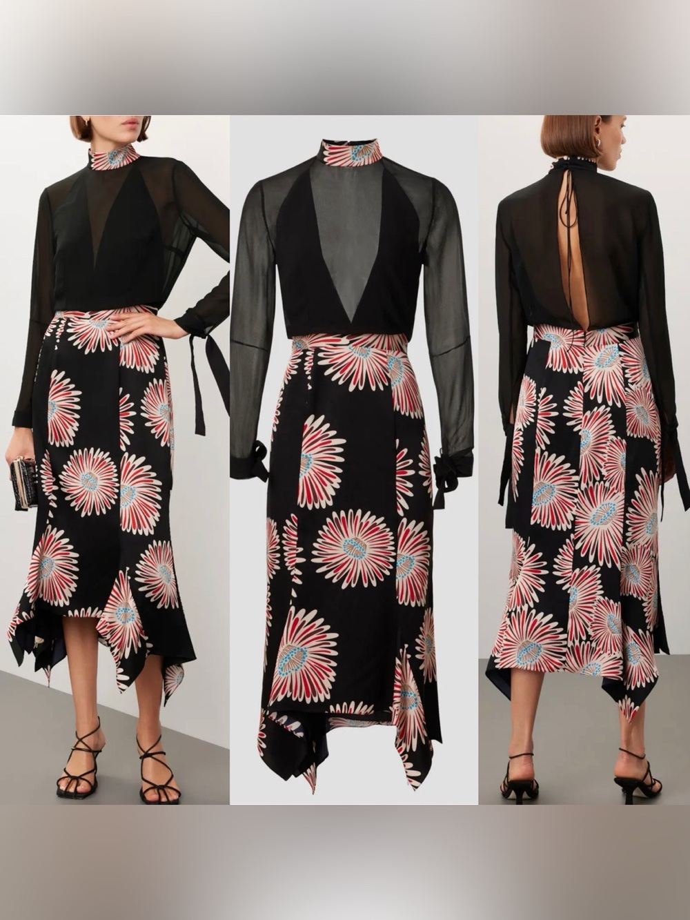 Obando Coll. Black Asymmetrical Floral-Print Midi Skirt w/Sheer Bodice-8-EC